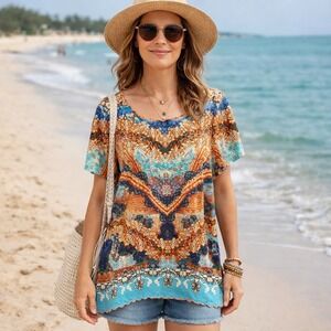Soft Surroundings Womens Top M Aztec Southwest Boho Tunic Beachy Tribal Casual
